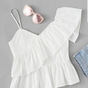 White ruffle trim asymmetrical shoulder crop top